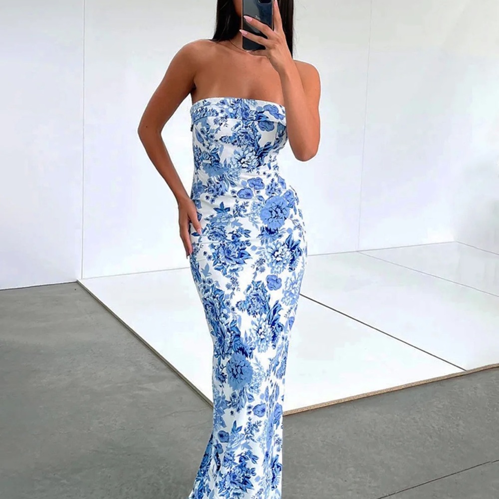 Commense Blue and White Strapless Dress